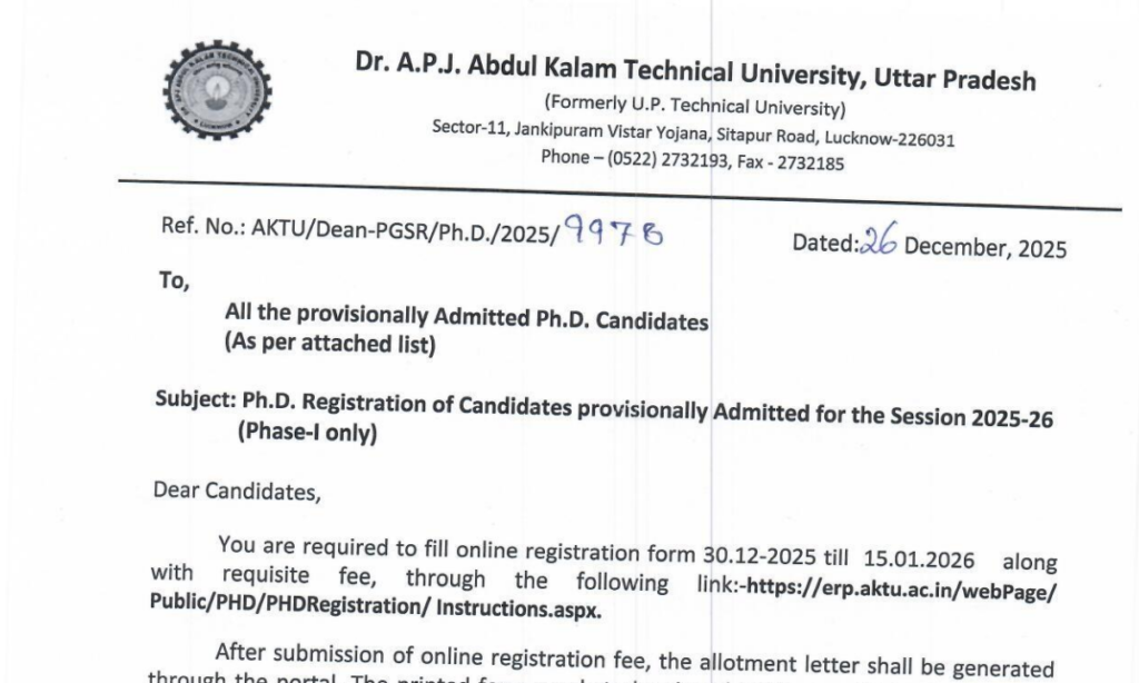 AKTU Official Circular: Ph.D. Registration of Candidates provisionally Admitted for the Session 2025-26