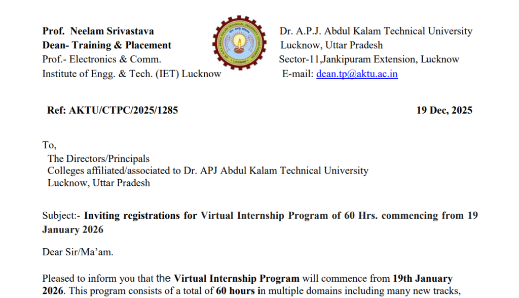 AKTU Official Circular: Internship Program